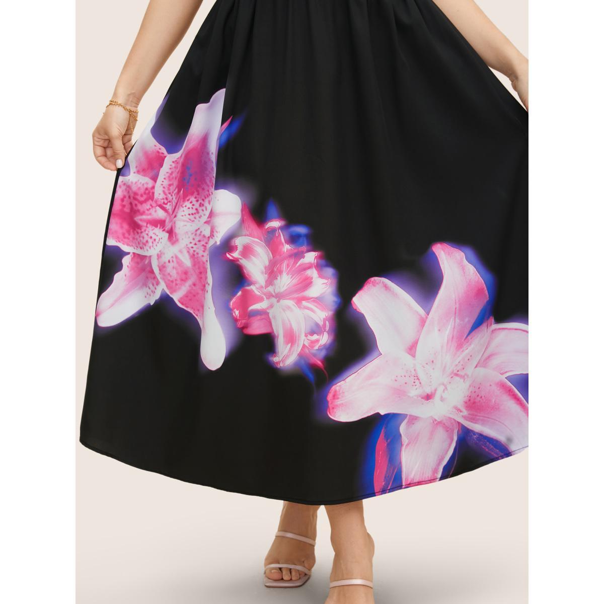 Plus Size Lily Print Square Neck Ruffle Sleeve Midi Dress Black Women Elegant Gathered Square Neck Short sleeve Curvy BloomChic 12/L Product Image