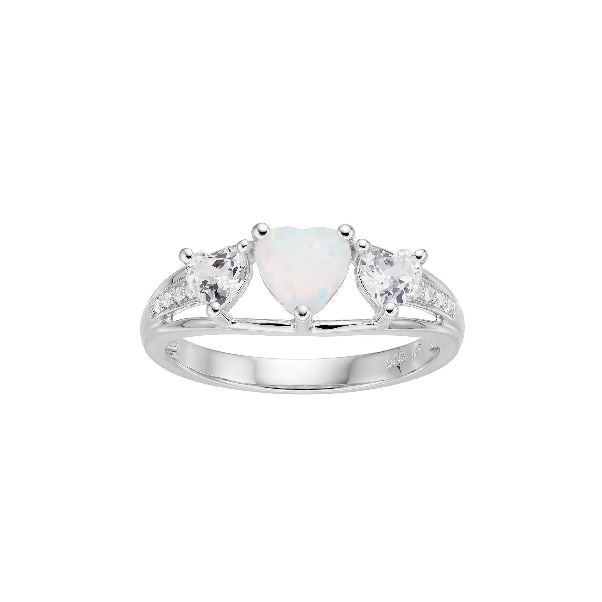 Sterling Silver Lab-Created Opal & White Sapphire Triple Heart Ring, Women's, Size: 8 Product Image