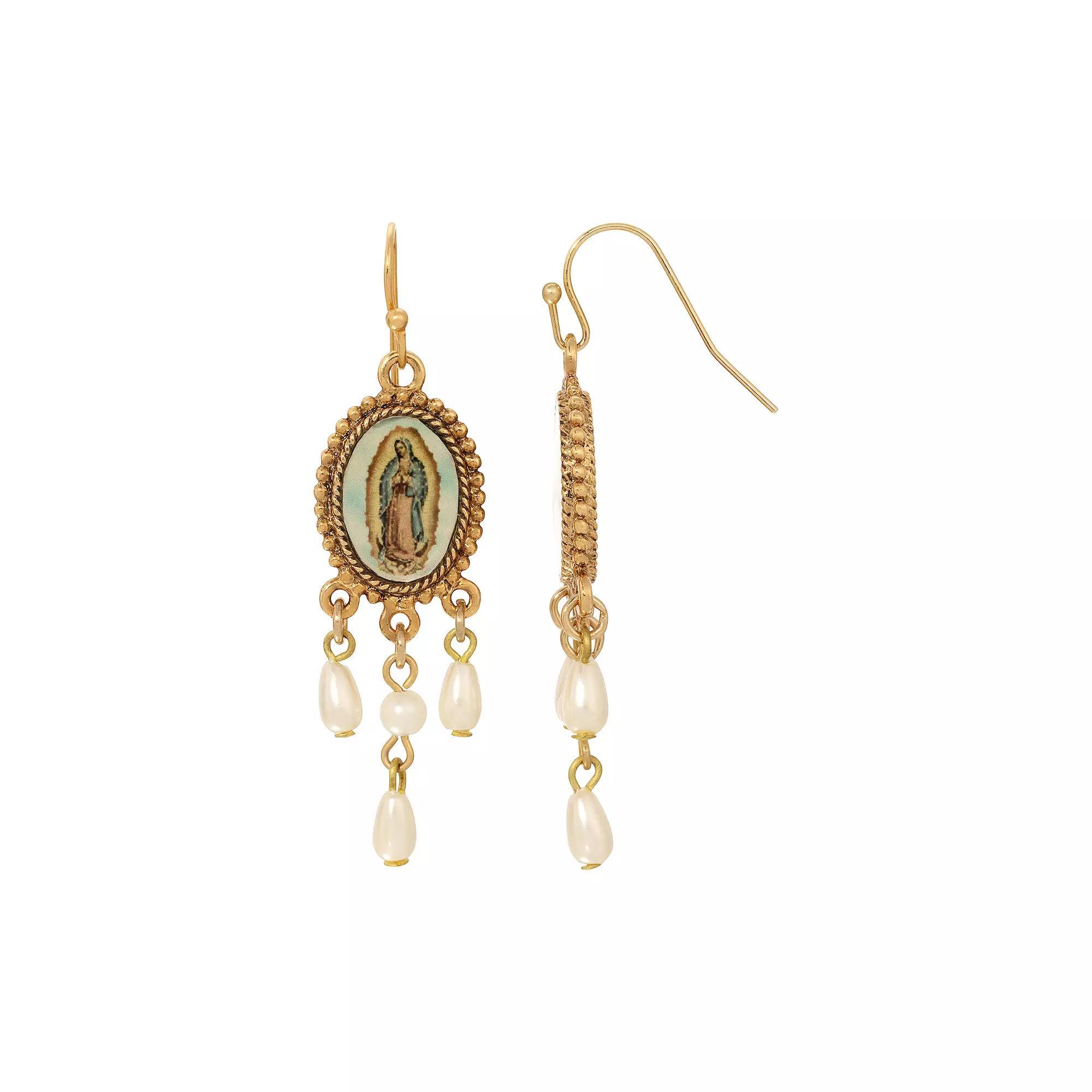Symbols of Faith Our Lady of Guadalupe Faux Pearl Drop Earrings, Womens, White Product Image