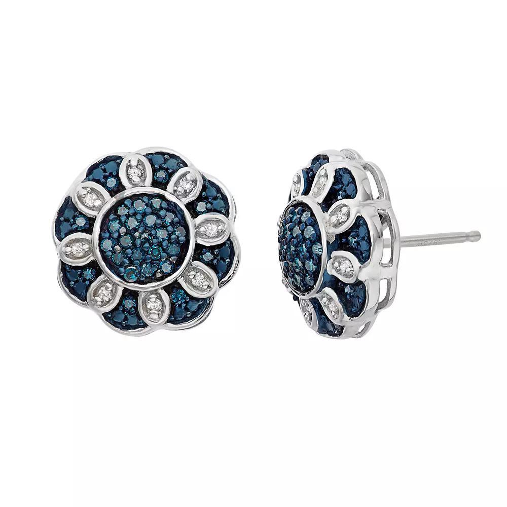 Jewelexcess 1/3 Carat T.W. Blue and White Diamond Sterling Silver Flower Stud Earrings, Women's Product Image