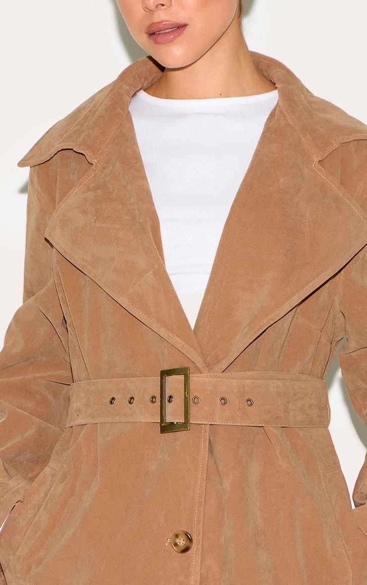 Tan Faux Suede Buckle Belt Trench Coat Product Image