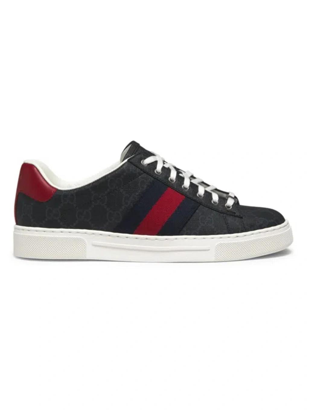 GUCCI Gg Supreme Fabric Sneakers With Lateral Web Band In Black Red Product Image