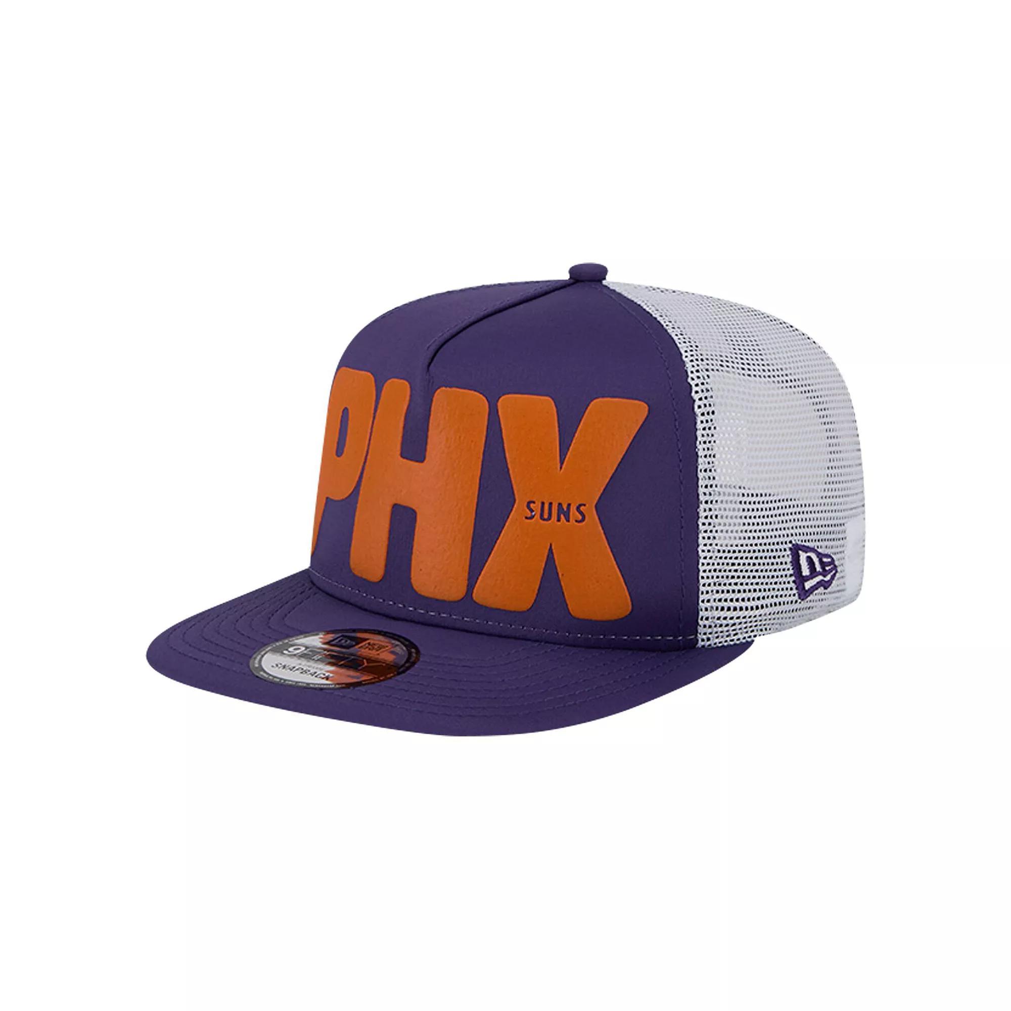 Men's New Era Purple Phoenix Suns Puff Print Team Code A-Frame 9FIFTY Trucker Snapback Hat, Phx Purple Product Image