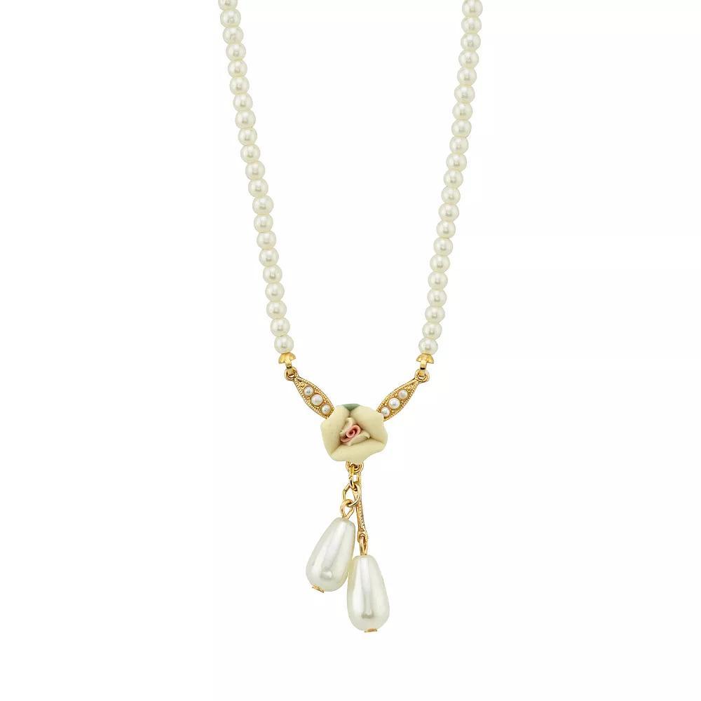 1928 Gold Tone Porcelain Rose and Faux Pearl Drop Necklace, Womens, White Product Image