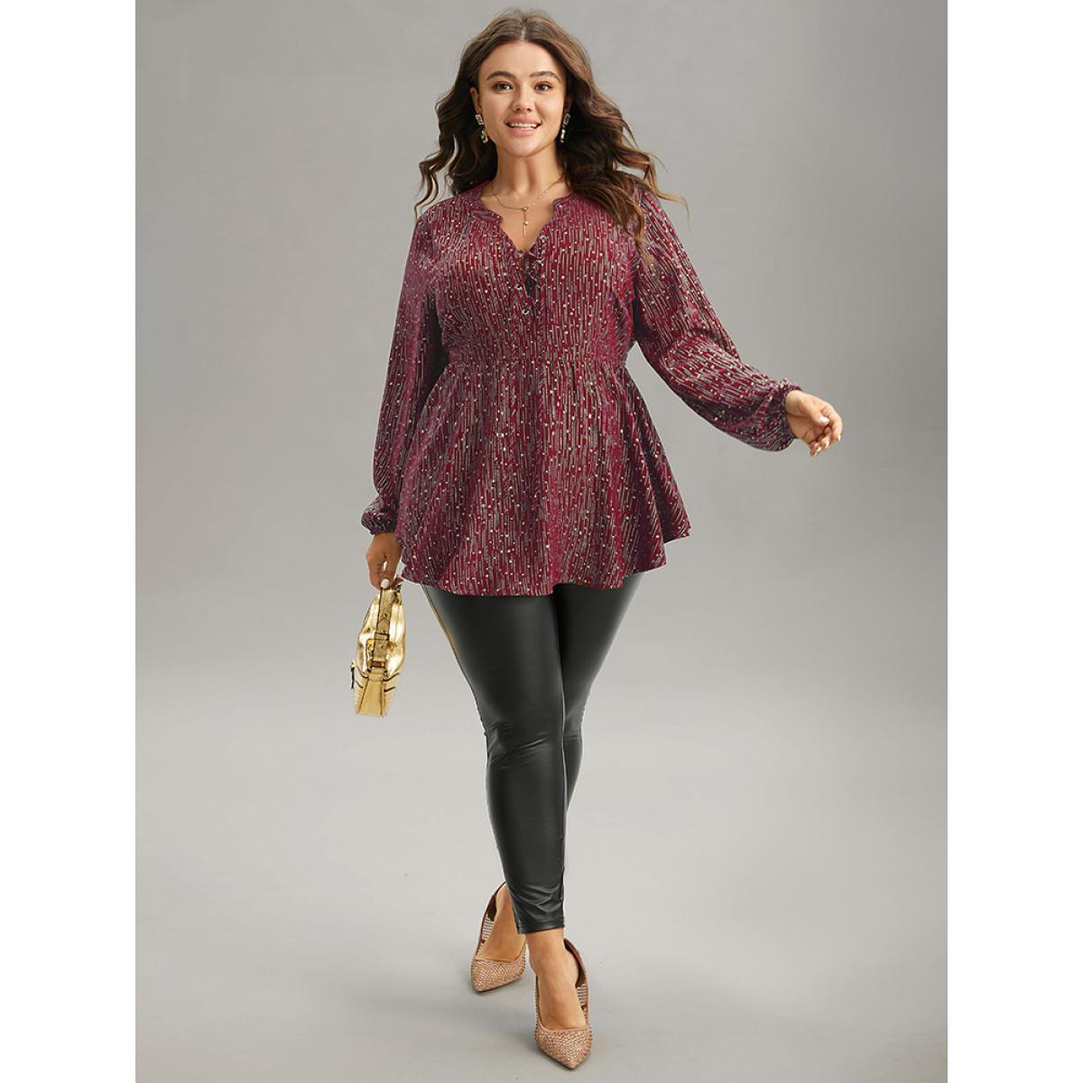 Plus Size Scarlet Glitter Lantern Sleeve Elastic Waist Lace Up Blouse Women Cocktail Long Sleeve Tie Neck Party Blouses BloomChic 22-24/3X Product Image
