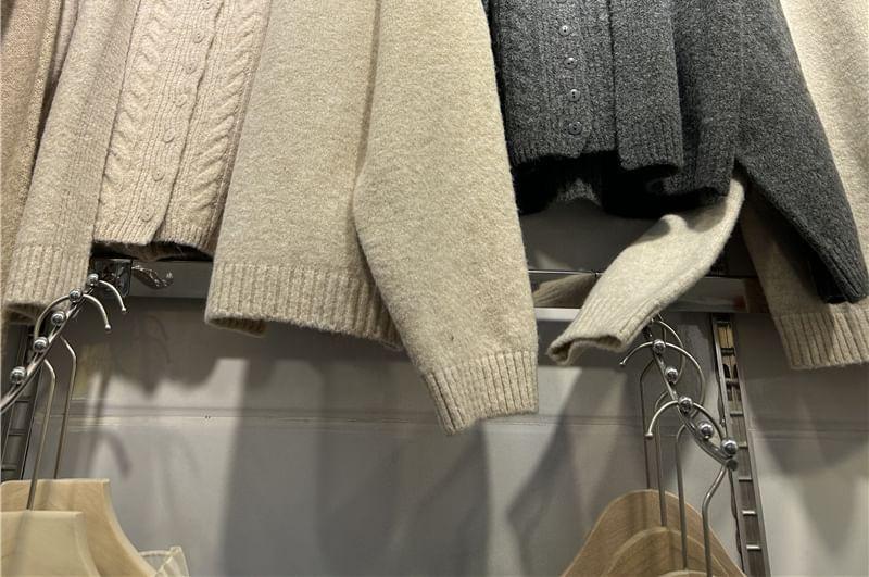 Set: Plain Cable Knit Button-Up Crop Camisole Top + Open Front Cardigan Product Image