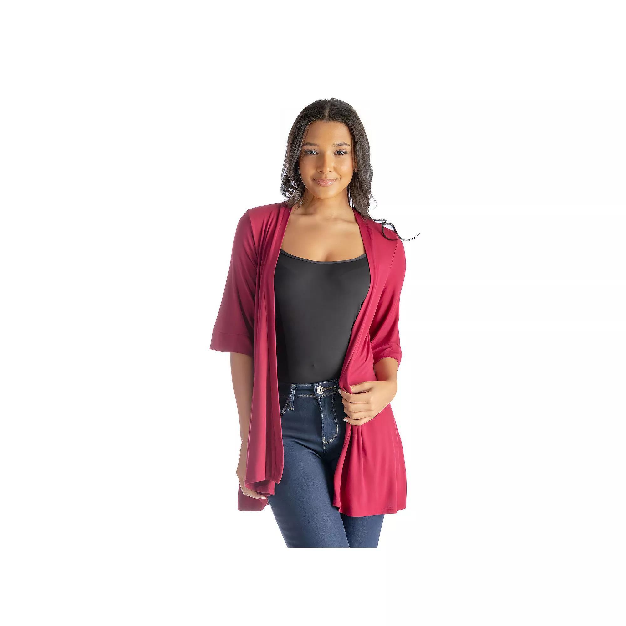 Women's 24Seven Comfort Apparel Open Front Elbow Length Sleeve Cardigan, Size: Large, Red Product Image