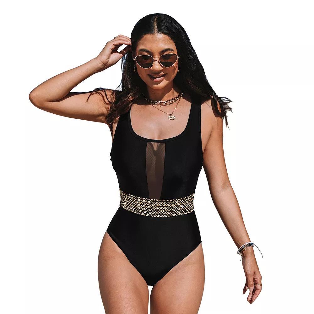 Women's Cupshe Shimmer Waist Tummy Control Mesh Plunge One-Piece Swimsuit, Size: Medium, Black Product Image
