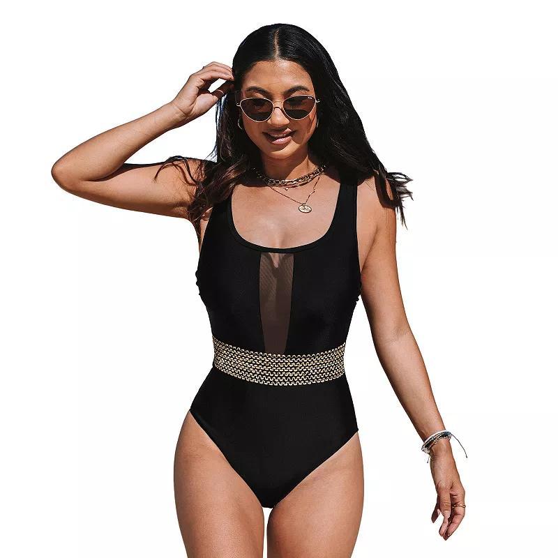 Women's Cupshe Shimmer Waist Tummy Control Mesh Plunge One-Piece Swimsuit, Size: Medium, Black Product Image