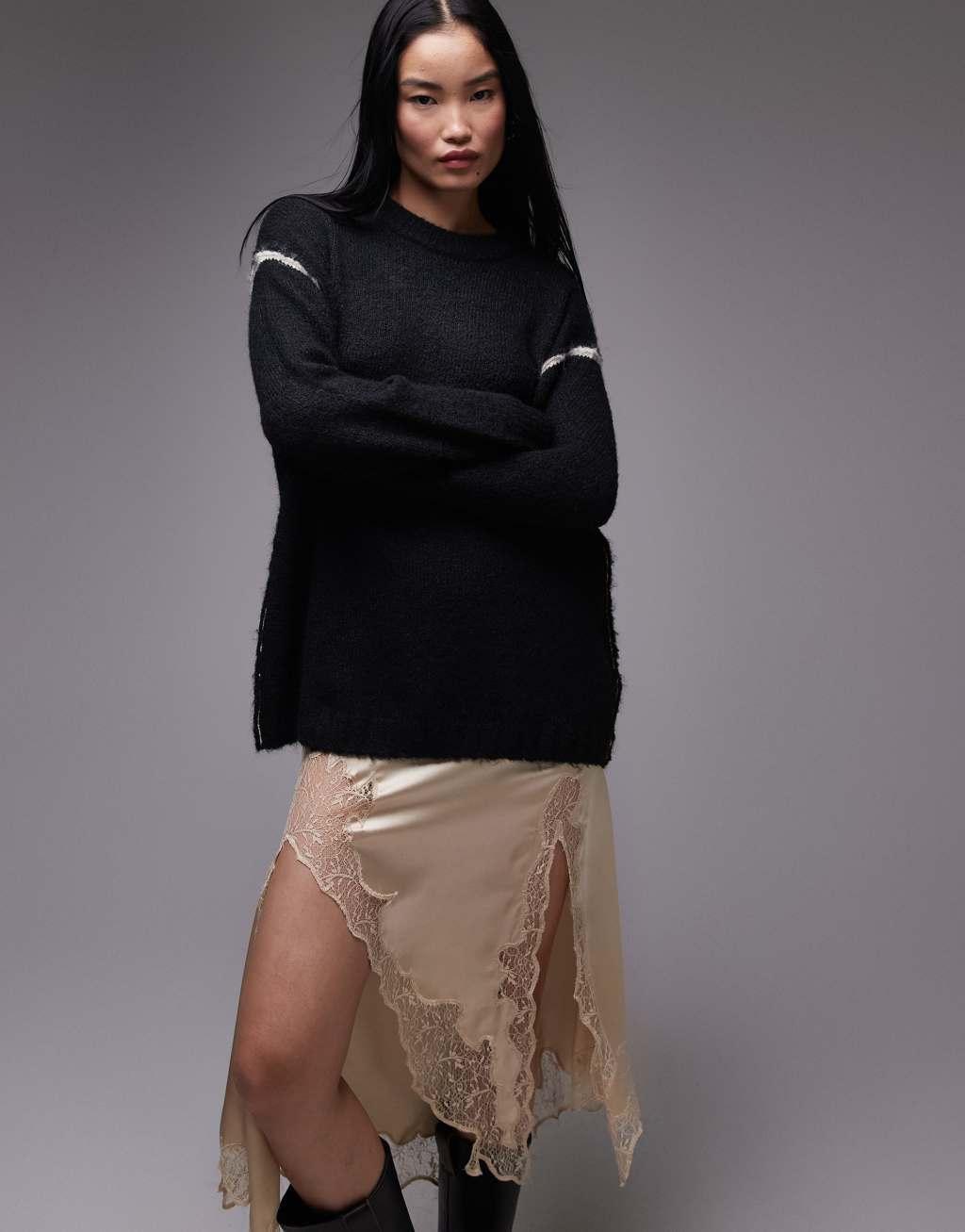 Topshop knitted exposed contrast seam oversized sweater in mono Product Image