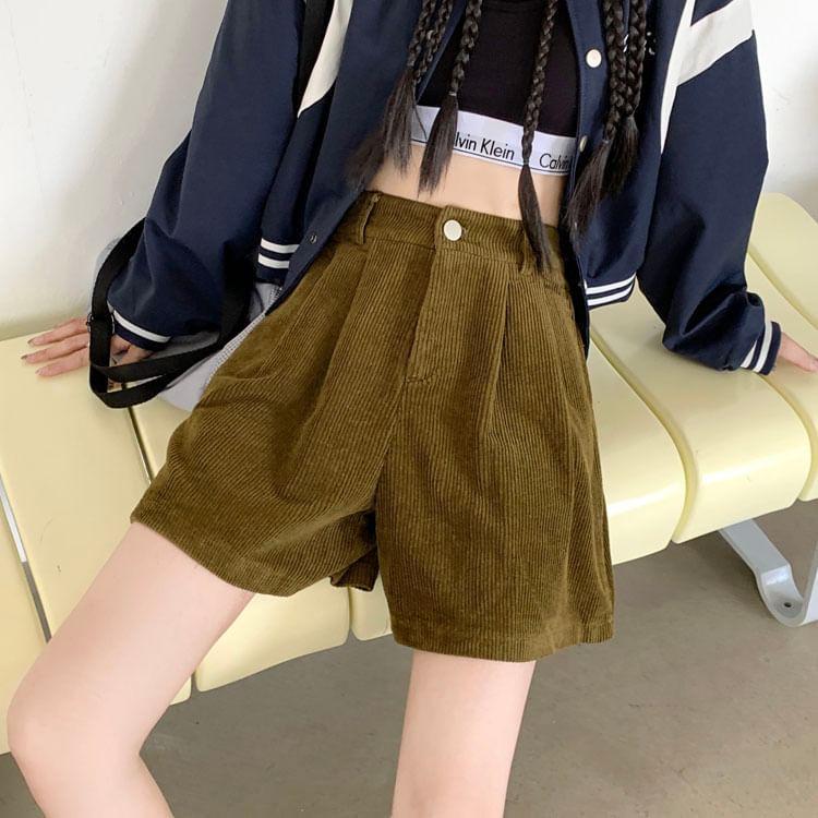 High Waist Plain Corduroy Wide Leg Shorts Product Image