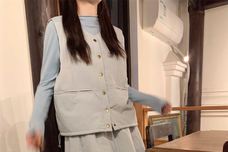 Long-Sleeve Mock Neck Plain Slim Fit T-Shirt / Padded Button Vest / Elastic Waist Midi A-Line Skirt Product Image