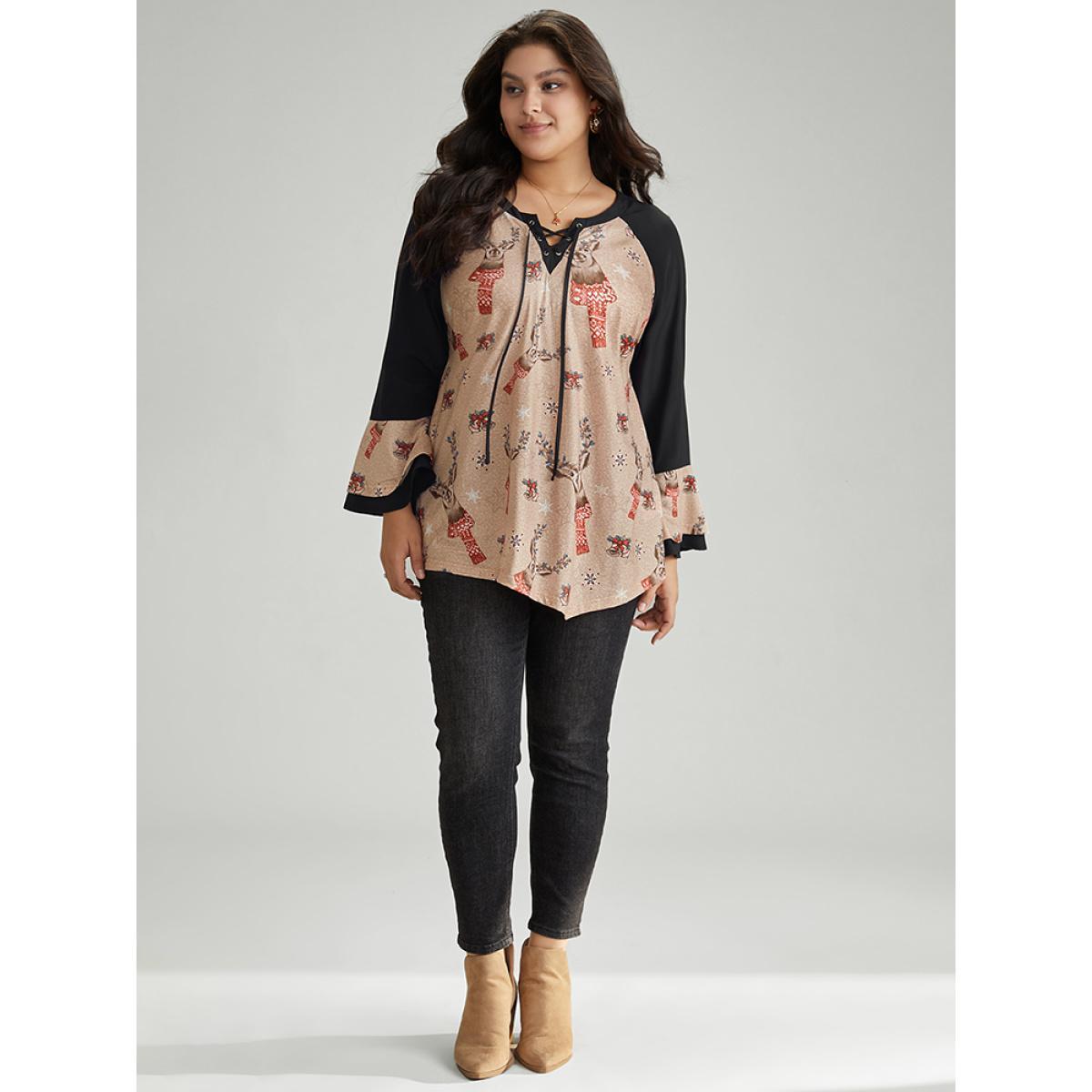 Plus Size Black Christmas Print Ruffles Patchwork Bell Sleeve Lace Up Blouse Women Elegant Long Sleeve Tie Neck Festival-Christmas Blouses BloomChic 30/6X Product Image