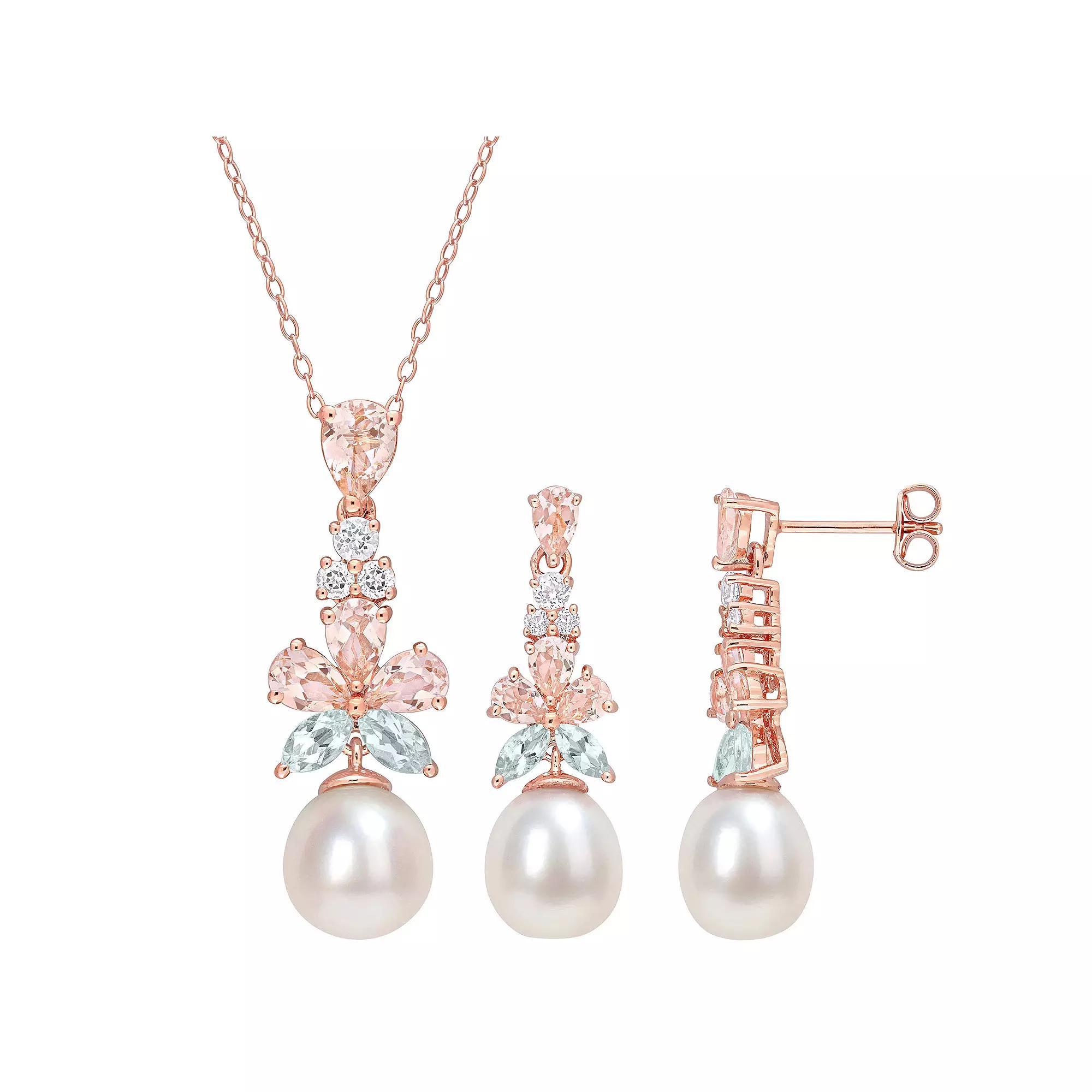 Stella Grace 18K Rose Plated Sterling Silver Multi-Gemstones & Freshwater Cultured Pearl Pendant Necklace & Earring Set, Women's, Size: 18", Pink Tone Product Image