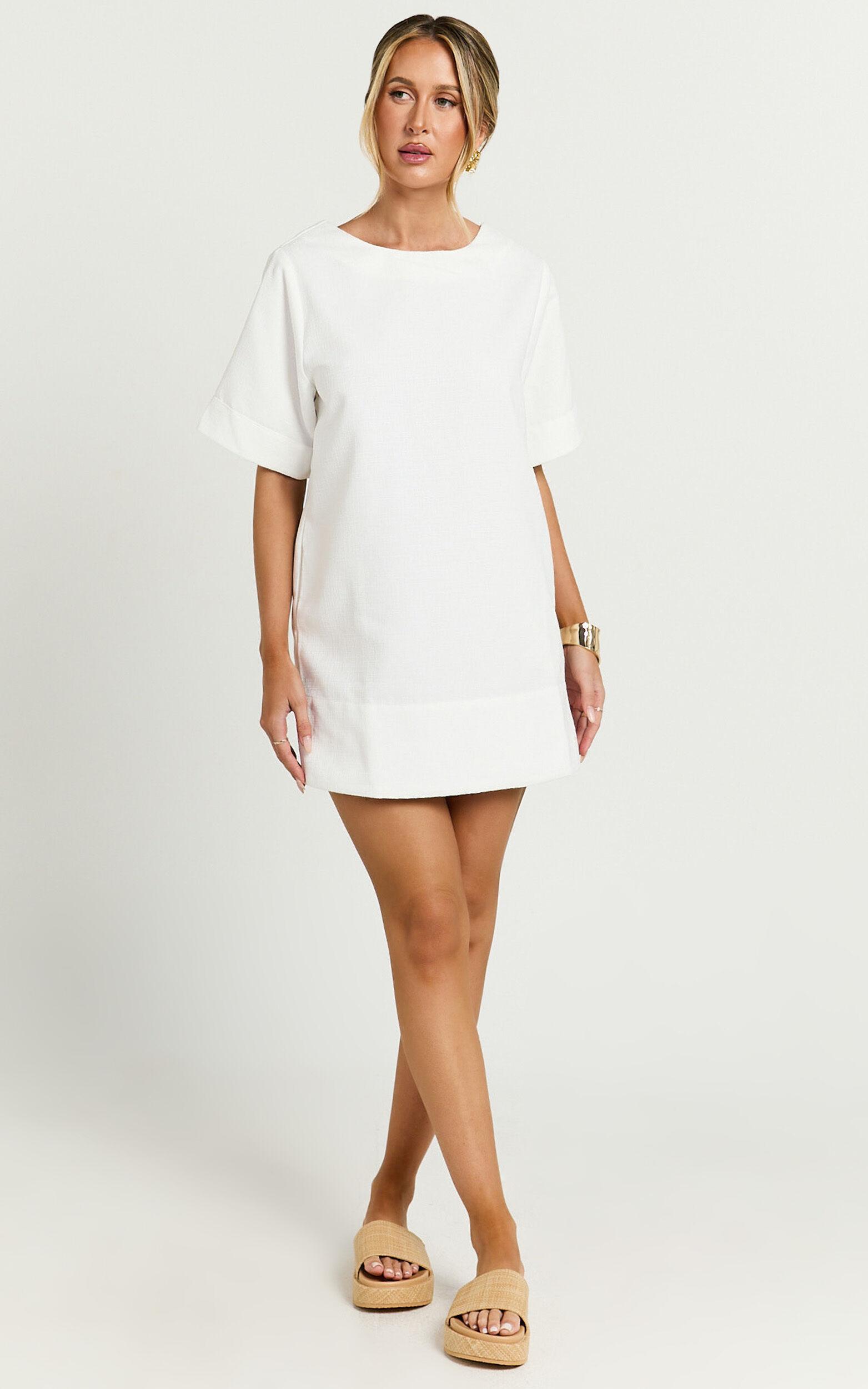 Shannon Mini Dress - Texture Tie Back Shift Dress in White Product Image