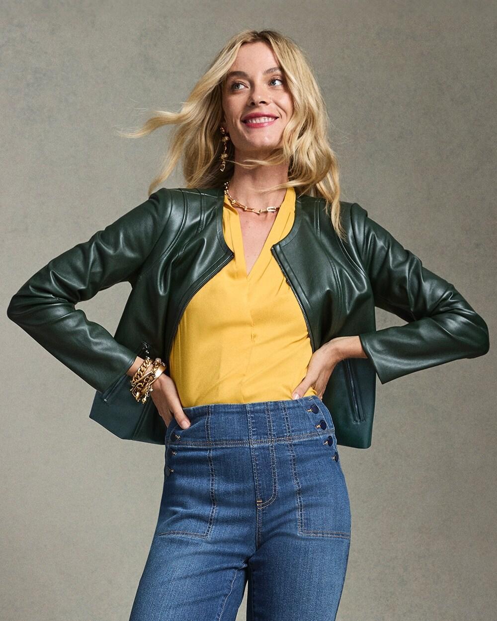 Faux Leather Knit Detail Jacket Product Image