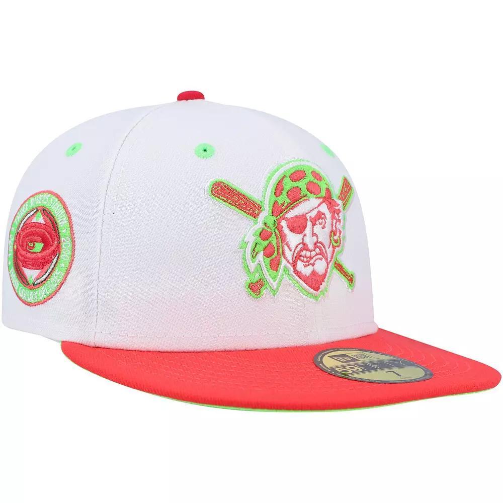 Men's New Era White/Coral Pittsburgh Pirates Three Rivers Stadium 30th Anniversary Strawberry Lolli 59FIFTY Fitted Hat, Size: 7 1/4 Product Image