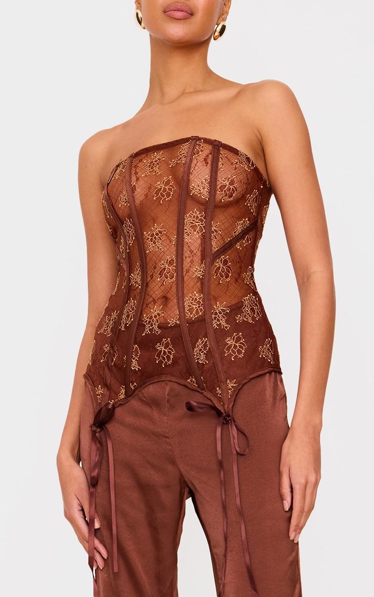 Chocolate Bandeau Lace Corset Jumpsuit Product Image