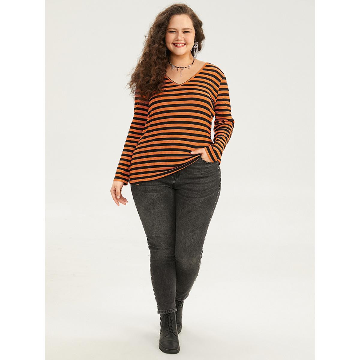 Plus Size Halloween V Neck Contrast Striped T-shirt Chocolate Women Casual Contrast Striped V-neck Festival-Halloween T-shirts BloomChic 12/L Product Image