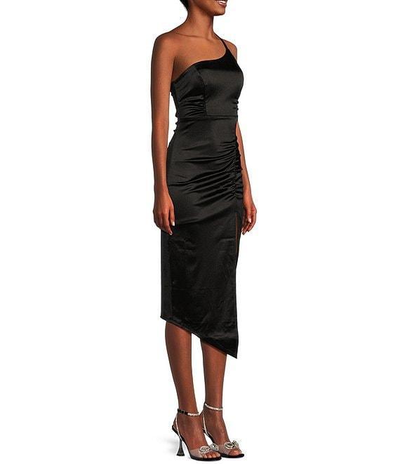 One Shoulder Shirred Side Slit Satin Midi Dress Product Image