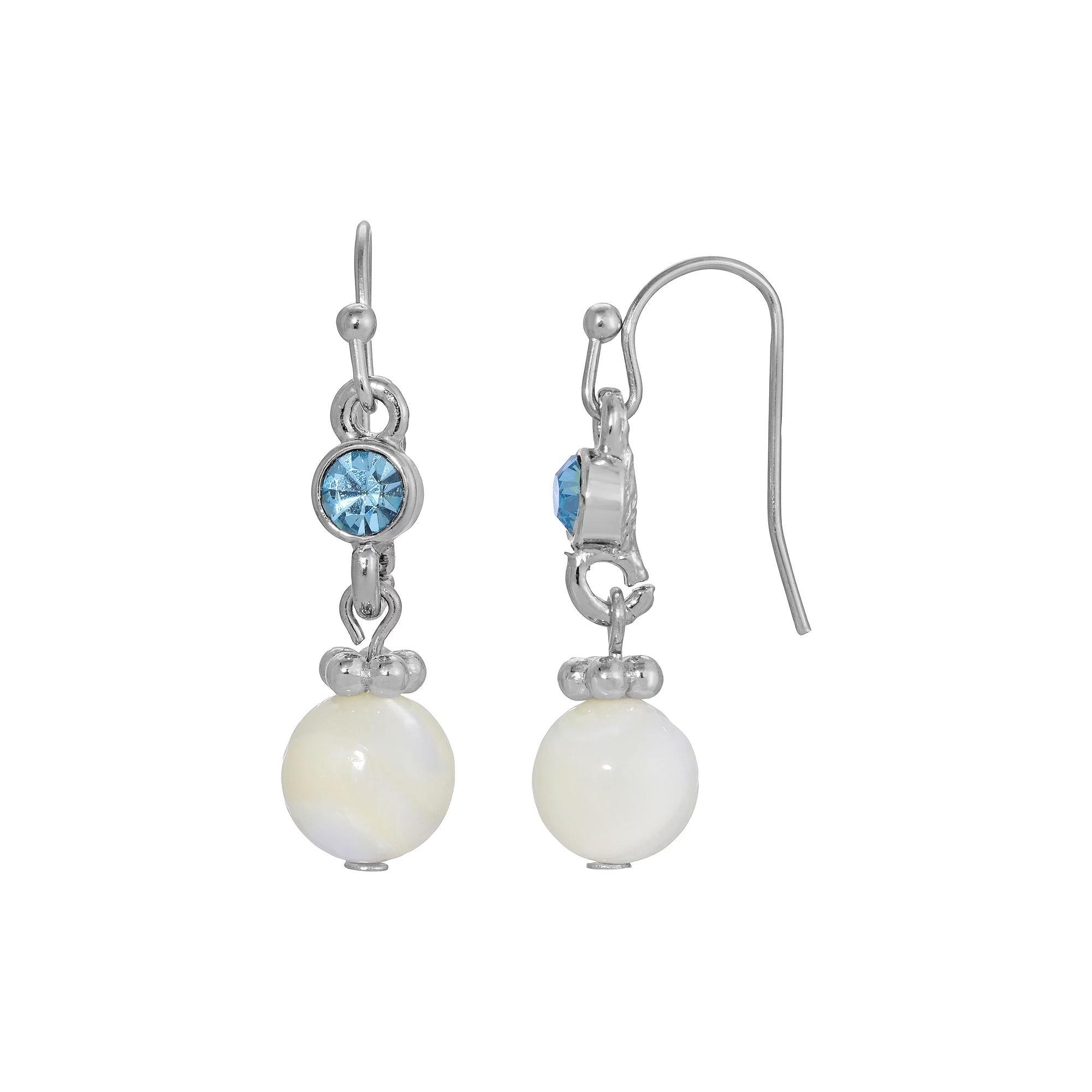 1928 Silver Tone Simulated Mother Of Pearl and Fancy Blue Crystal Drop Earrings, Womens, White Product Image