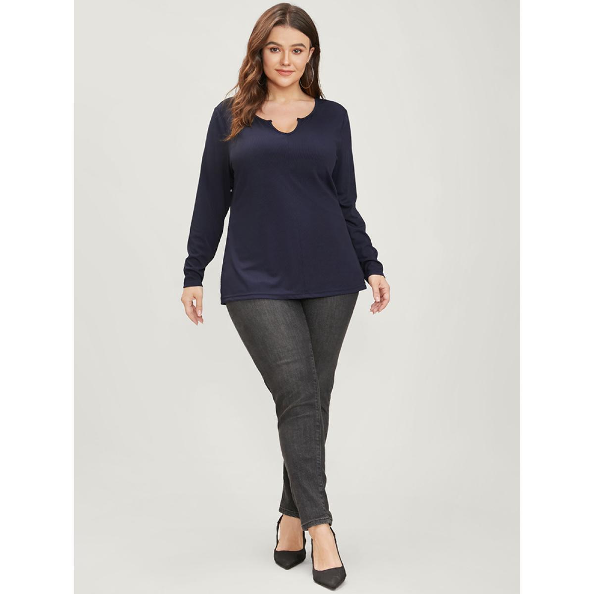 Plus Size Solid Notched Rib Knit Long Tee Midnight Women Elegant Plain V-neck Dailywear T-shirts BloomChic 10/M Product Image