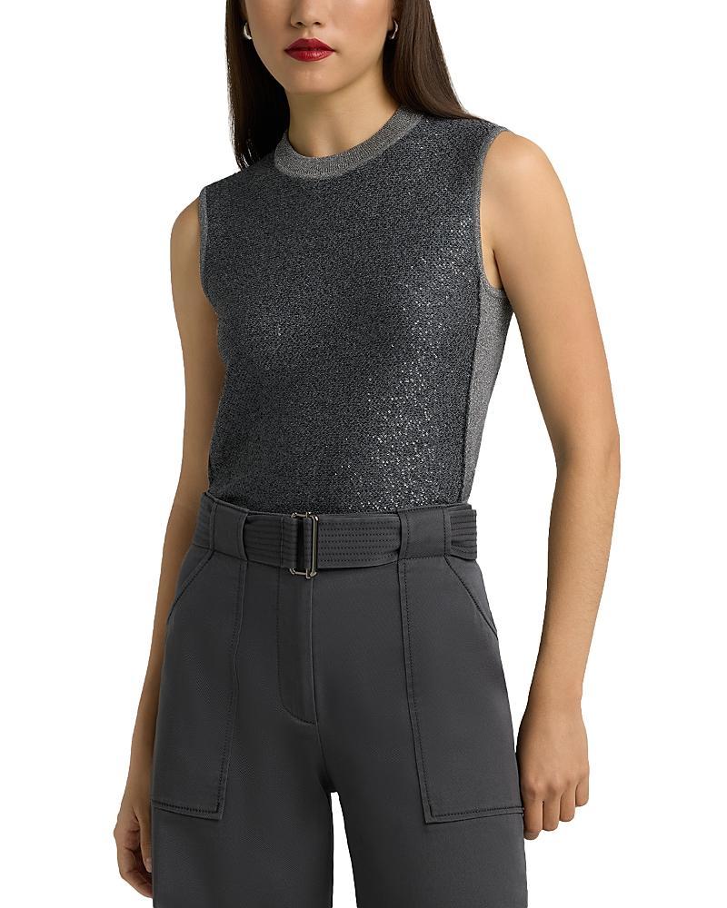 ST JOHN Sequin Front Knit Top In Light Grey Melange Product Image