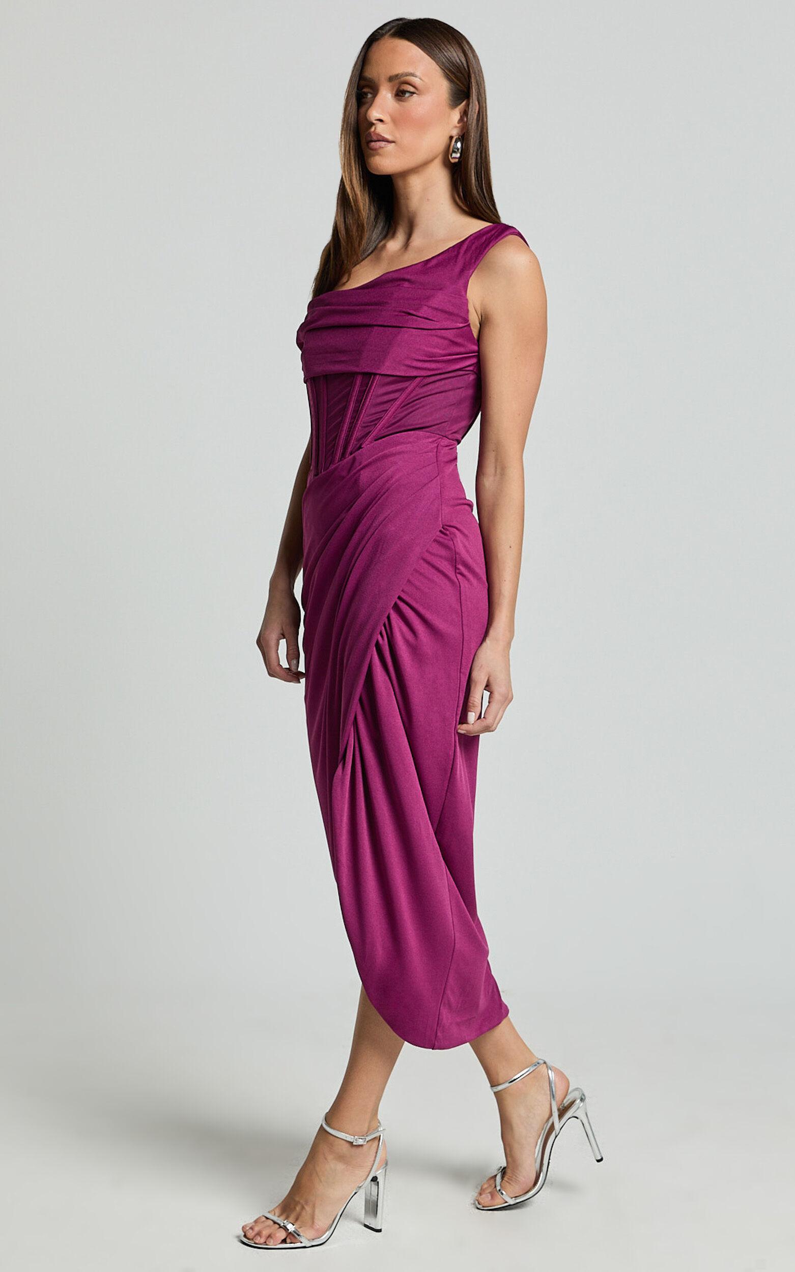 Aidia Midi Dress - Off Shoulder Draped Corset Dress in Plum Product Image