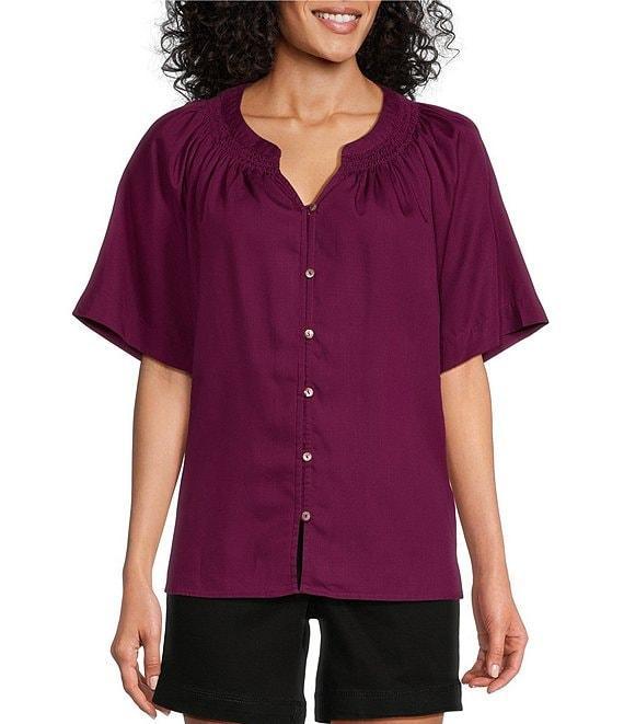 Westbound Woven Short Sleeve Y-Neck Button Front Top Product Image