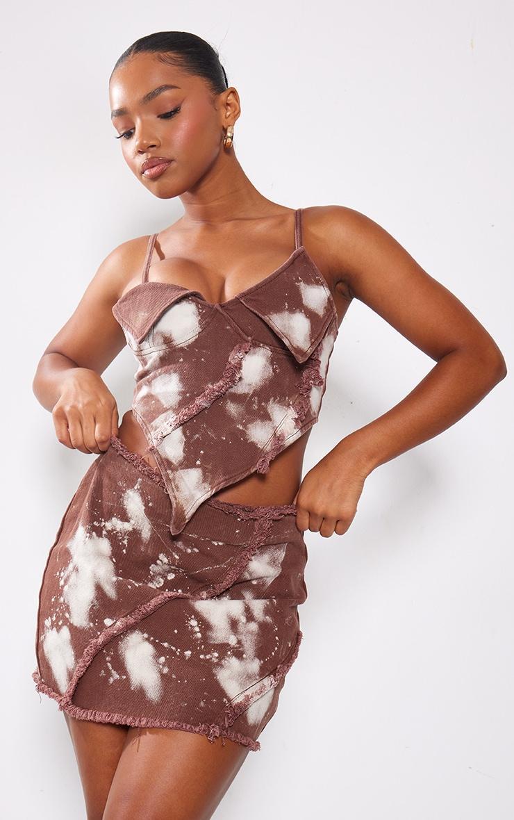 Brown Splatter Fray Denim Mini Skirt Product Image