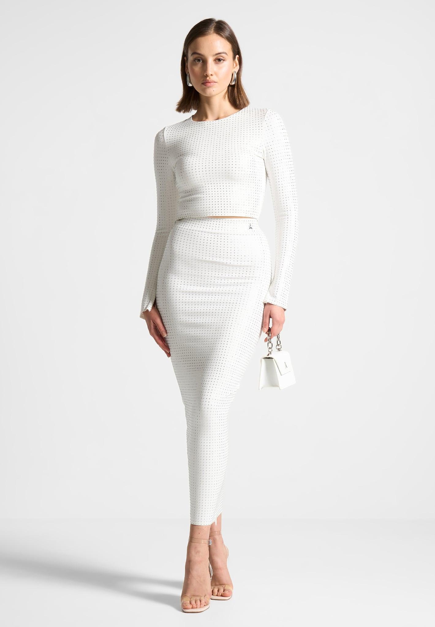 Rhinestone Long Sleeve Bandage Top - White Female Product Image
