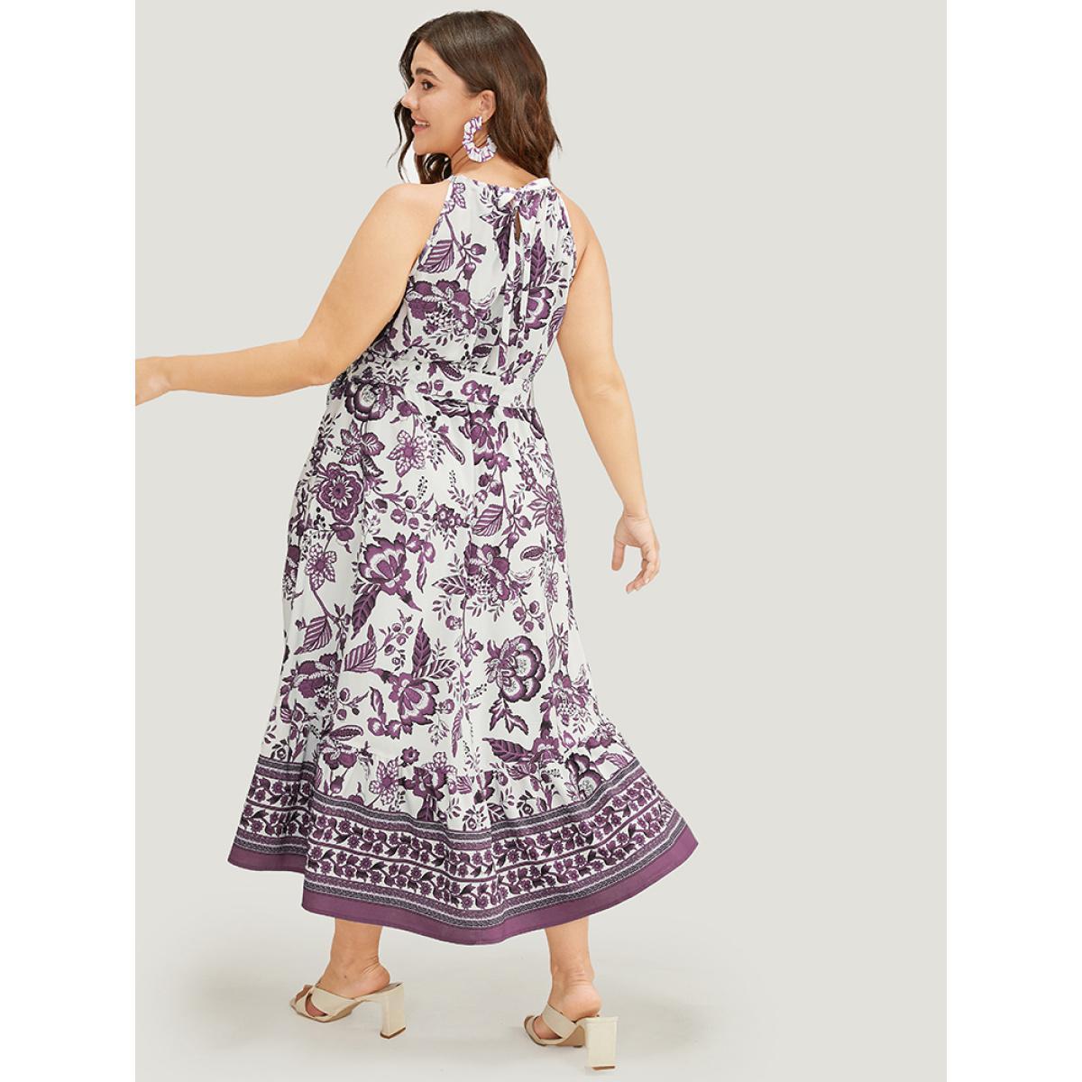 Plus Size Bandana Print Knotted Flutter Hem Pocket Belted Halter Dress Mauve Women Vacation Knotted Halter neck Sleeveless Curvy Midi Dress BloomChic 14-16/1X Product Image