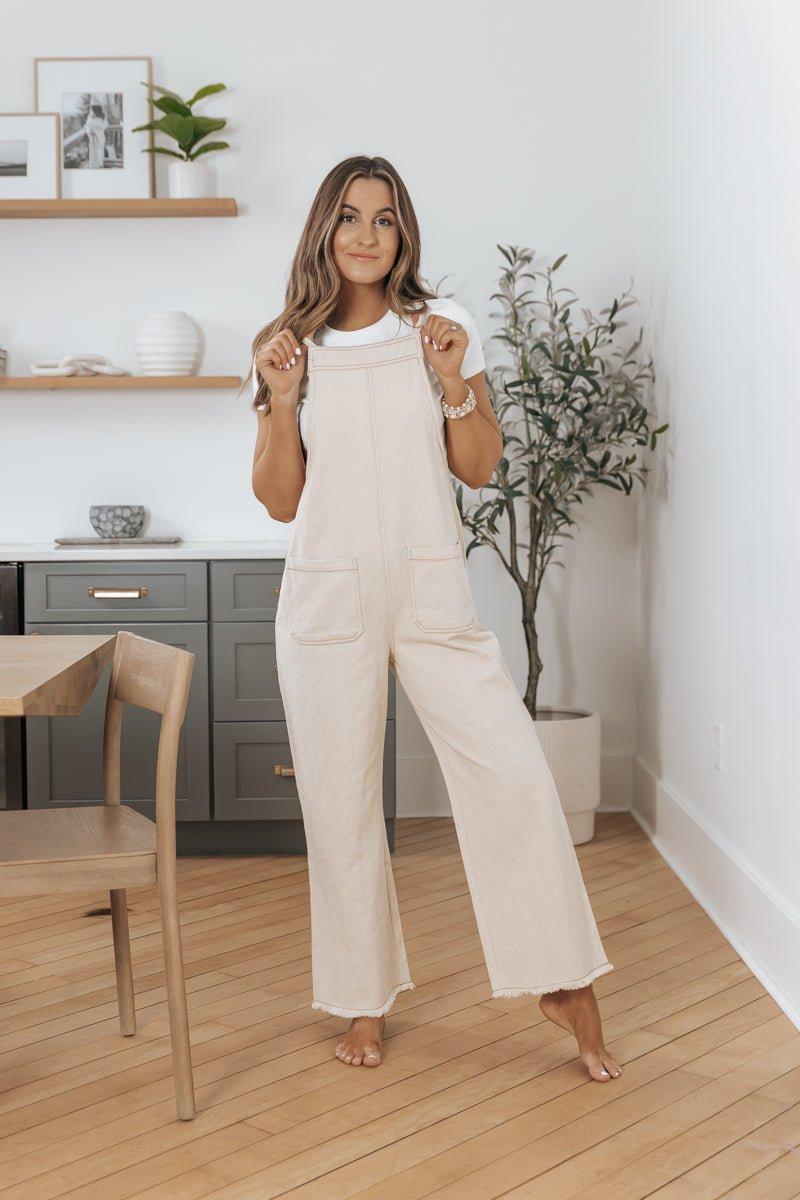 Oatmeal Cotton Denim Overalls Product Image