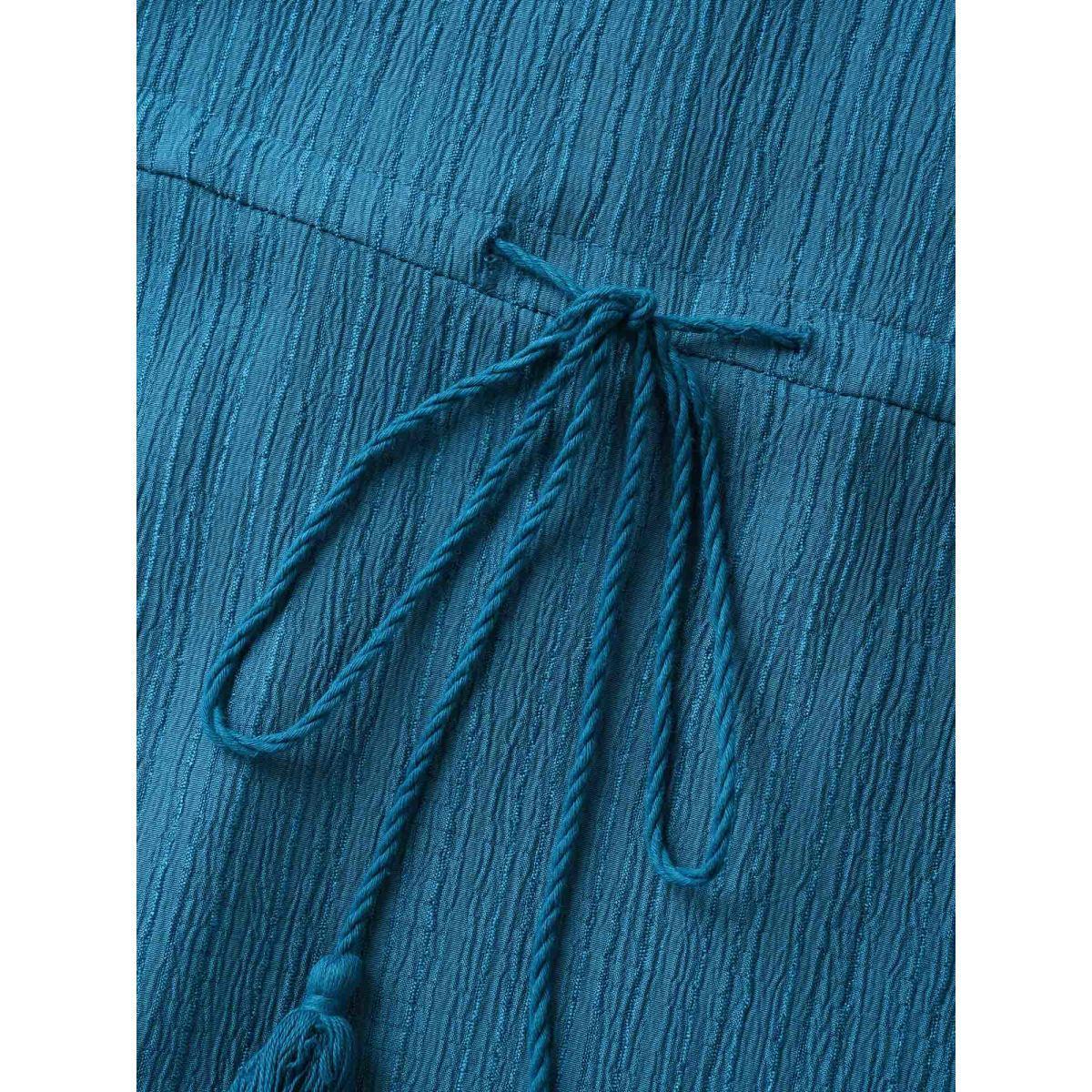 Plus Size Texture Drawstring Tie Knot Tassels Dress Cerulean Women Resort Tie knot V-neck Cap Sleeve Curvy BloomChic 28/5X Product Image