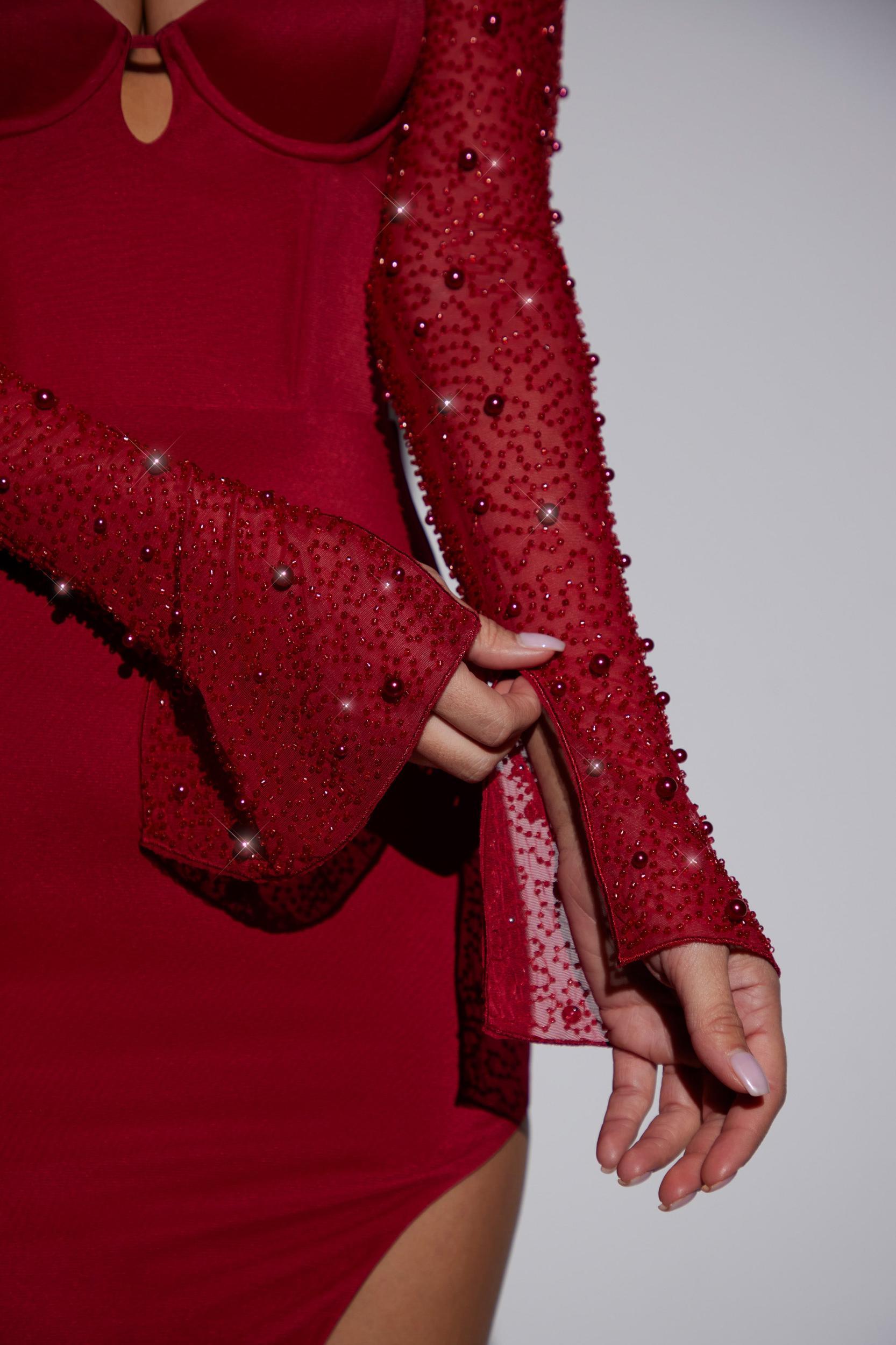 Embellished Side Split Maxi Dress in Red Product Image