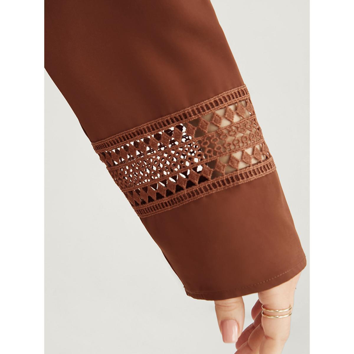 Plus Size Solid V Neck Pocket Contrast Lace Ruffle Hem Dress Russet Women Office Patchwork V-neck Long Sleeve Curvy Midi Dress BloomChic 14-16/1X Product Image