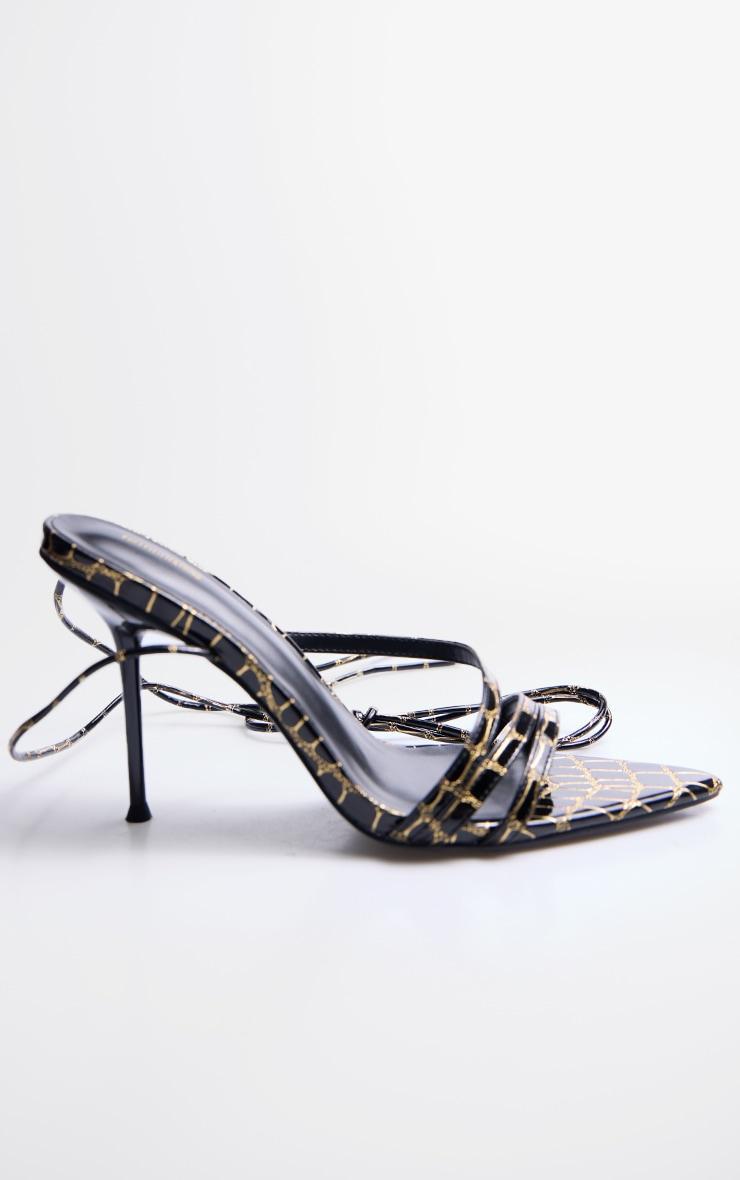 Black Contrast Croc Pu Point Toe Lace Up Heeled Sandals Product Image