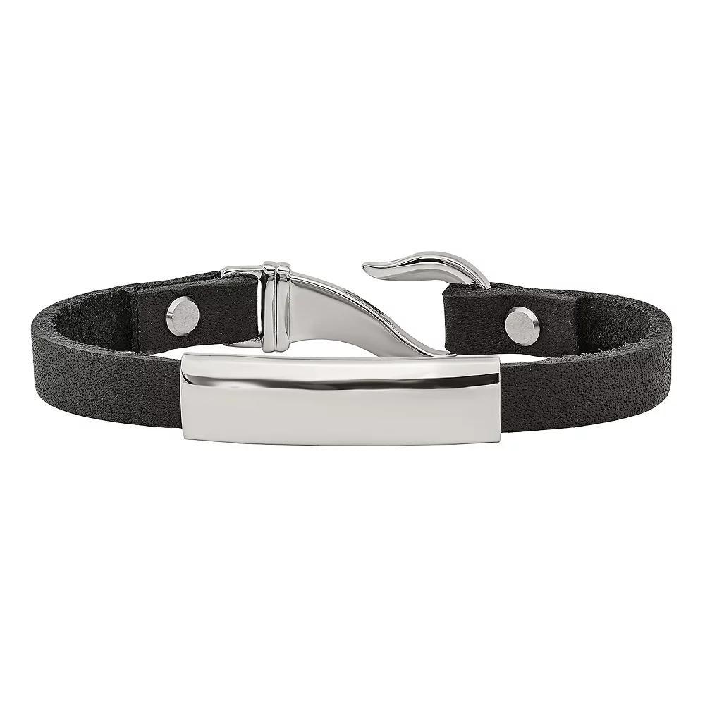 Men's Stainless Steel & Black Leather ID Bracelet Product Image