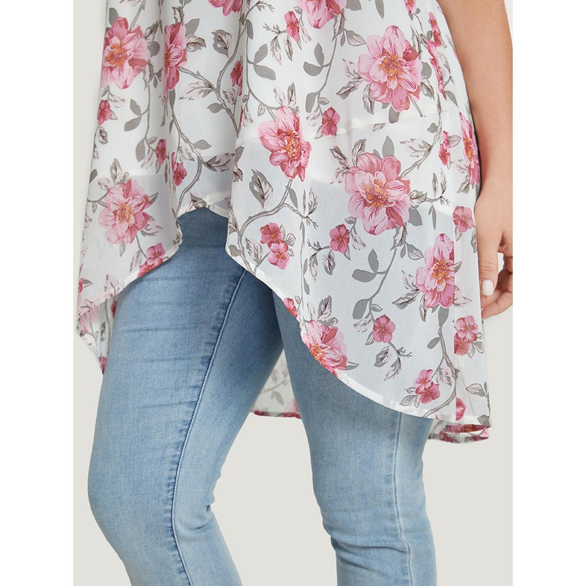 Plus Size White Floral Lace Ruffle Sleeve High Low Hem Blouse Women Elegant Short sleeve Round Neck Dailywear Blouses BloomChic 10/M Product Image