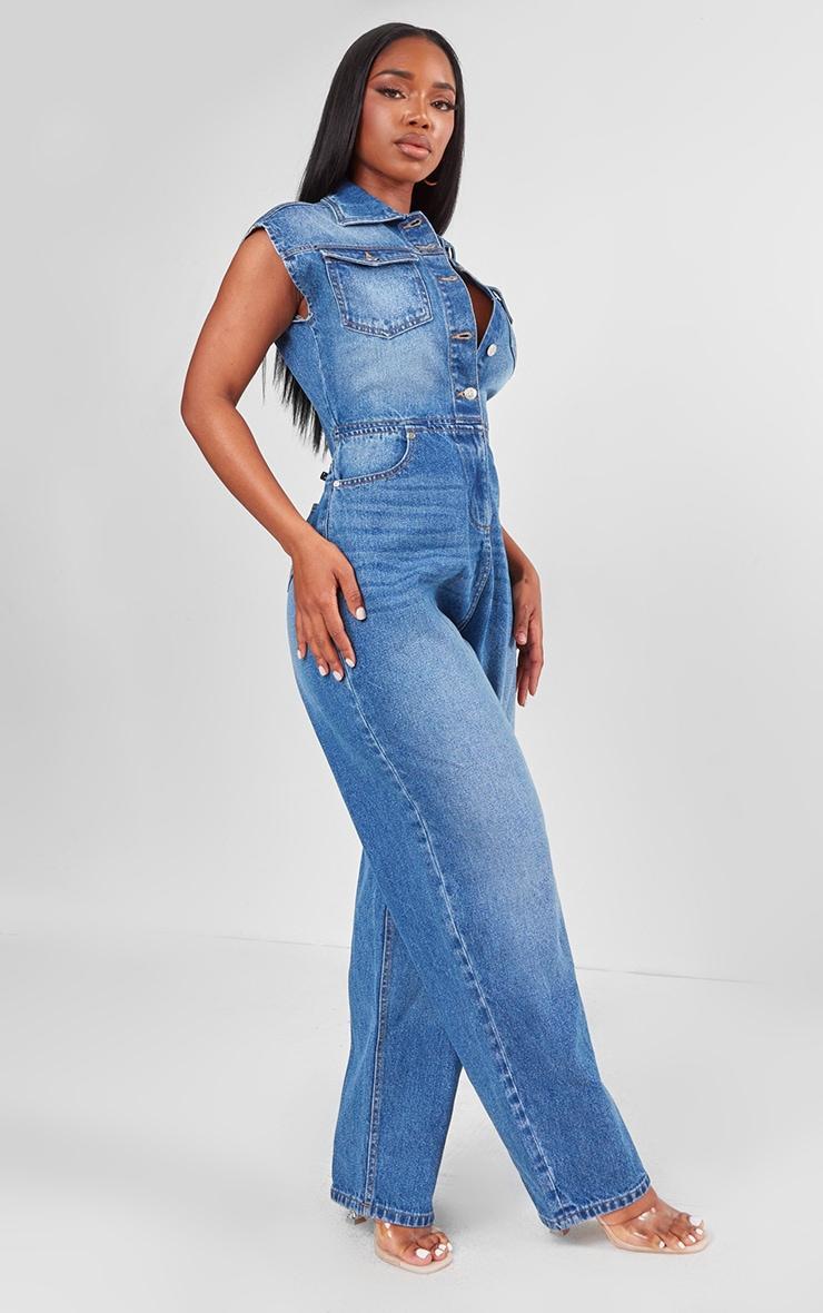 Shape Mid Blue Wash Sleeveless Rigid Denim Jumpsuit Product Image