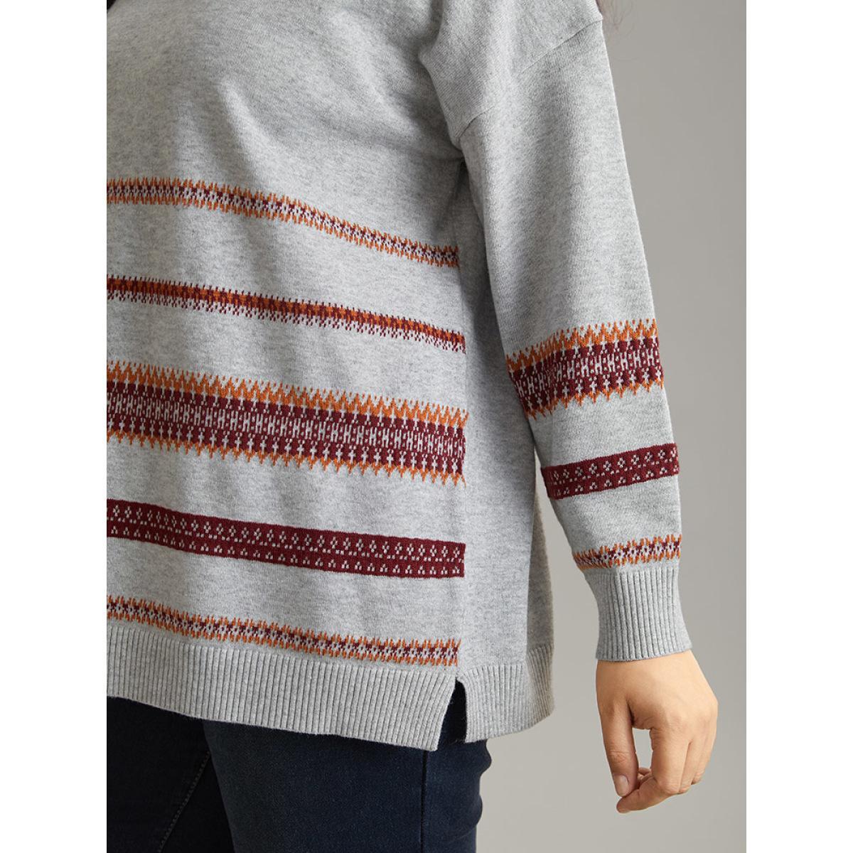 Plus Size Supersoft Essentials Anti-Pilling Bandana Striped Pullover Silver Women Casual Loose Long Sleeve Round Neck Dailywear Pullovers BloomChic 14-16/1X Product Image