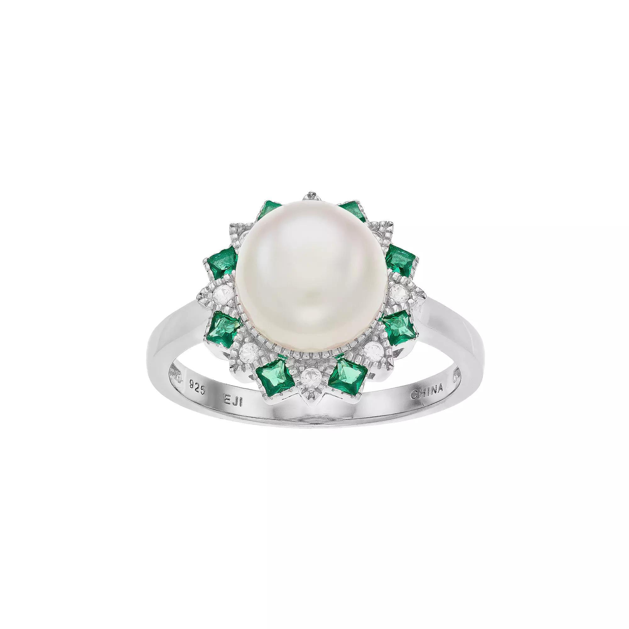 Sterling Silver Freshwater Cultured Pearl & Lab-Created Green Spinel Ring, Women's, Size: 6 Product Image