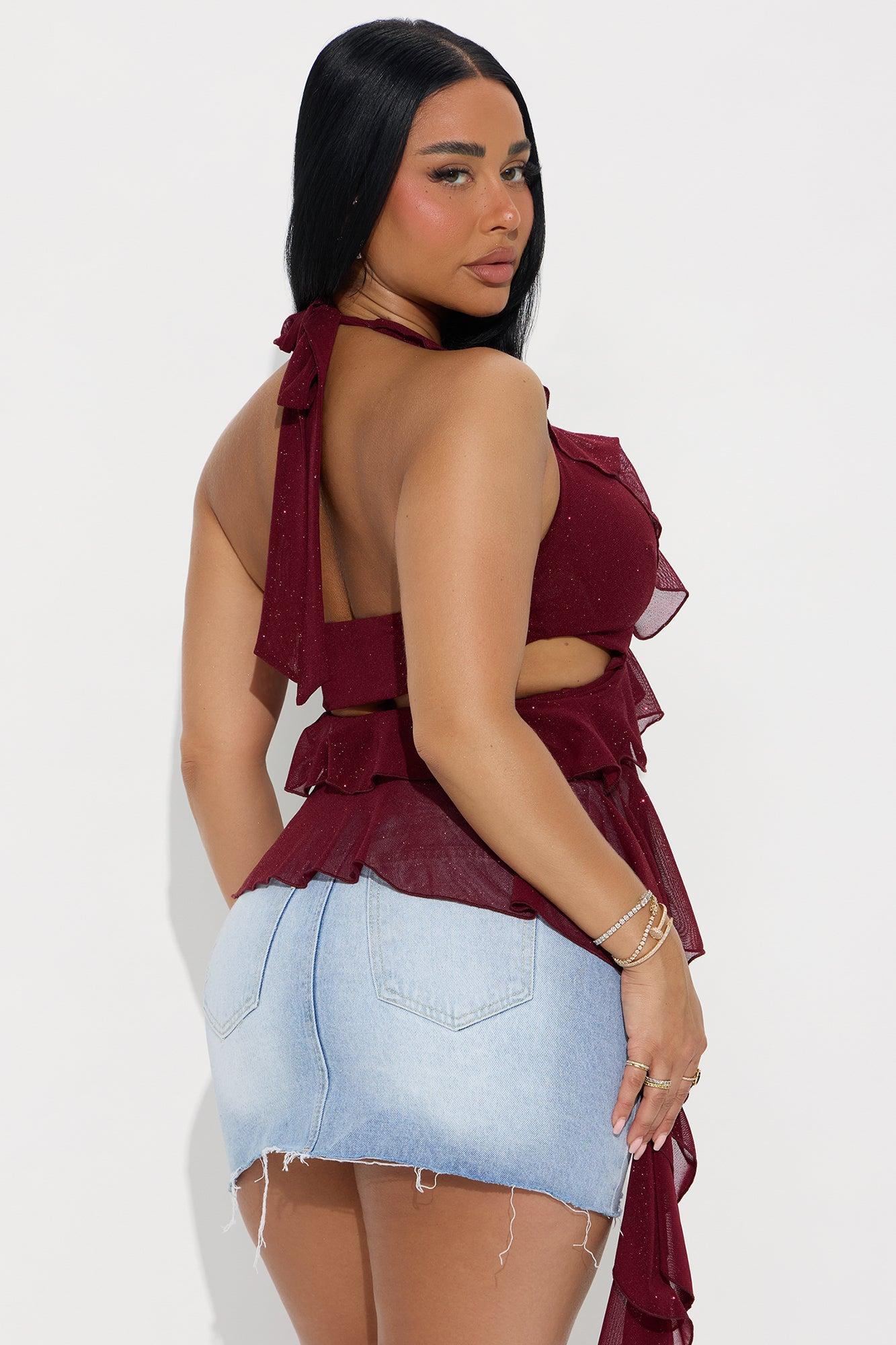 Carlita Glitter Mesh Halter Top - Burgundy Female Product Image