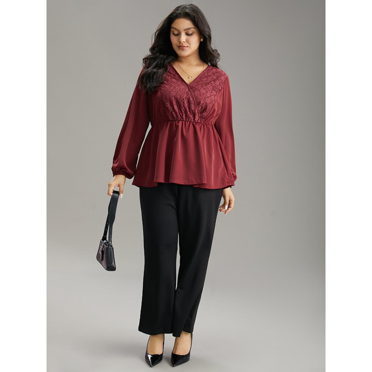 Plus Size Scarlet Static-Free Contrast Lace Lantern Sleeve Blouse Women Office Long Sleeve V-neck Work Blouses BloomChic 30/6X Product Image