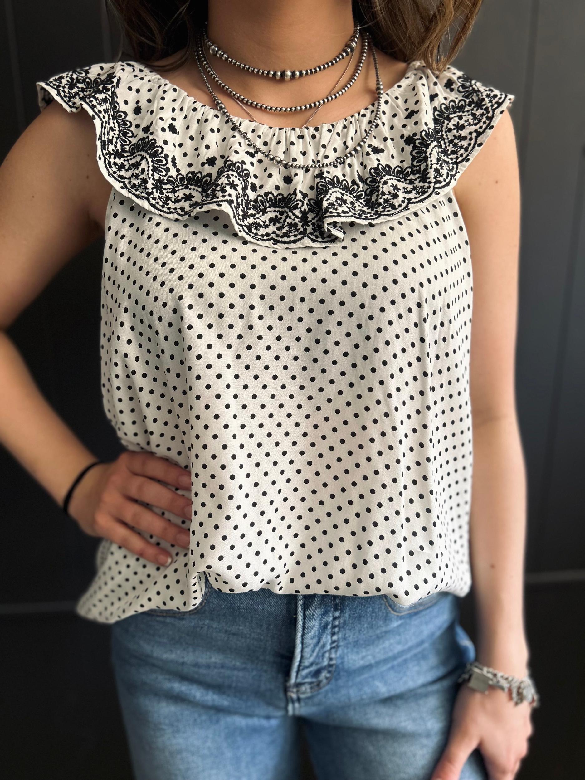 Ivory & Black Dot Embroidered Floral Ruffle Top Product Image