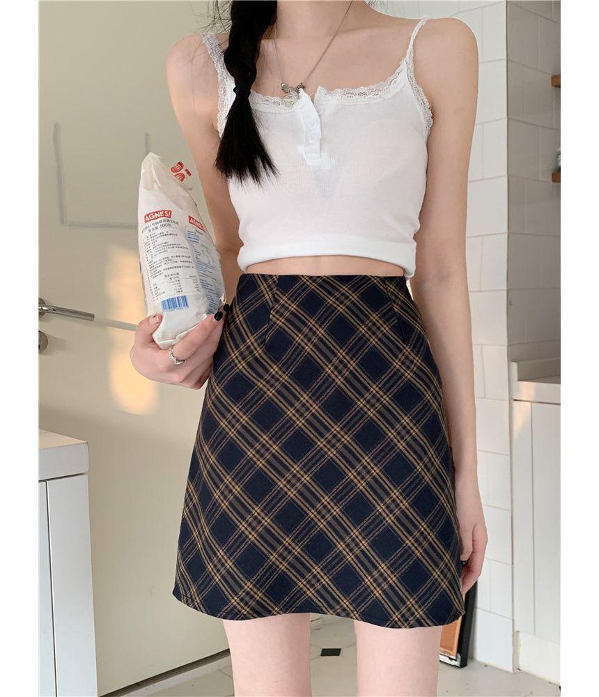High Waist Plaid Mini Pencil Skirt Product Image
