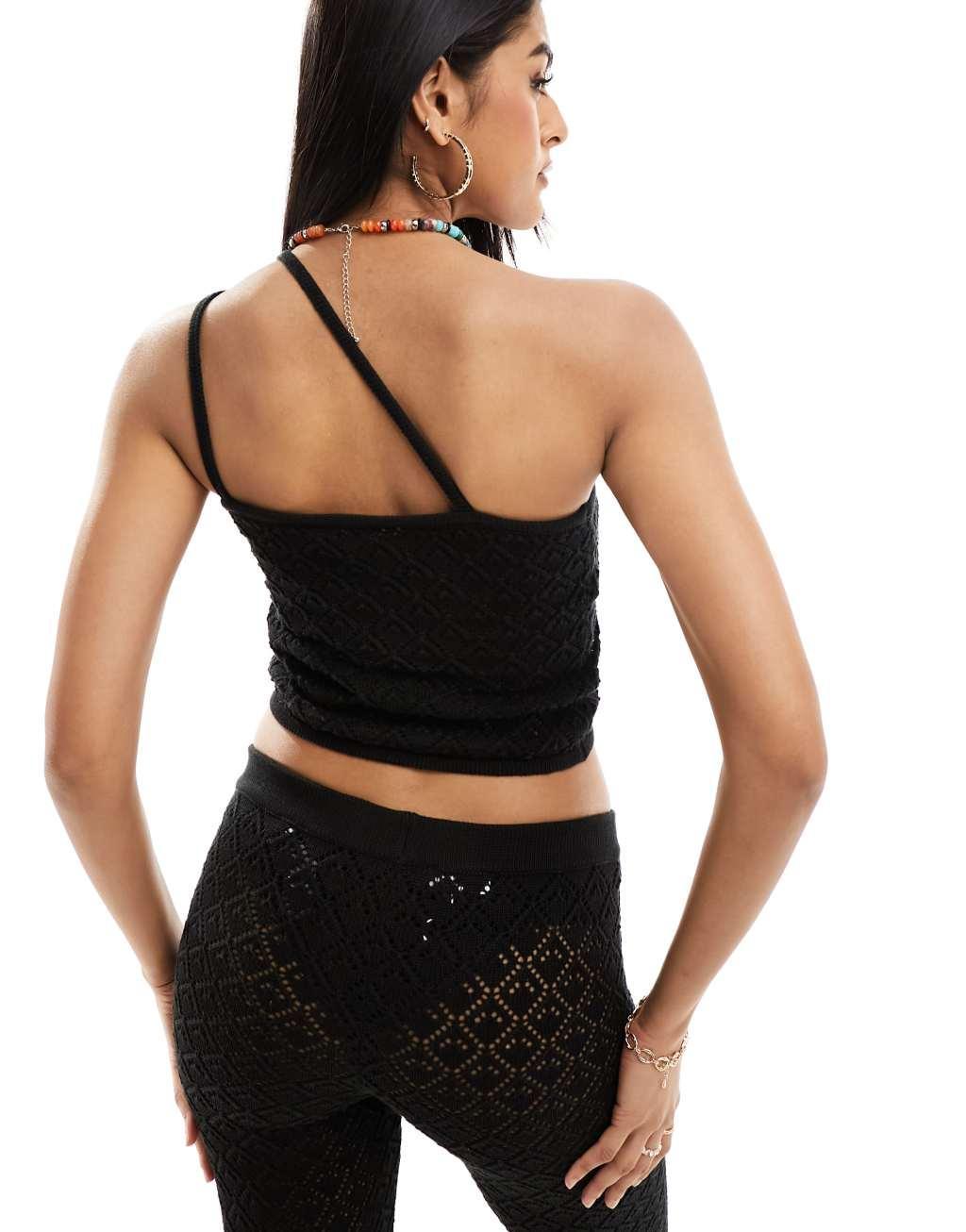 Miss Selfridge crochet one shoulder cami top in black - part of a set Product Image
