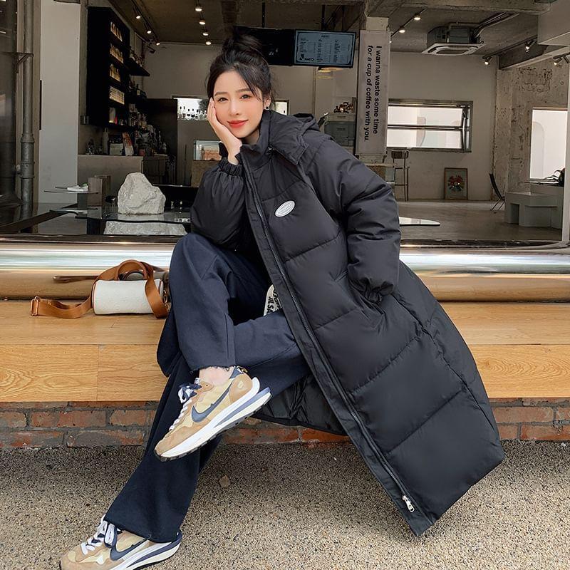 Plain Hooded Midi Zip Puffer Jacket Product Image