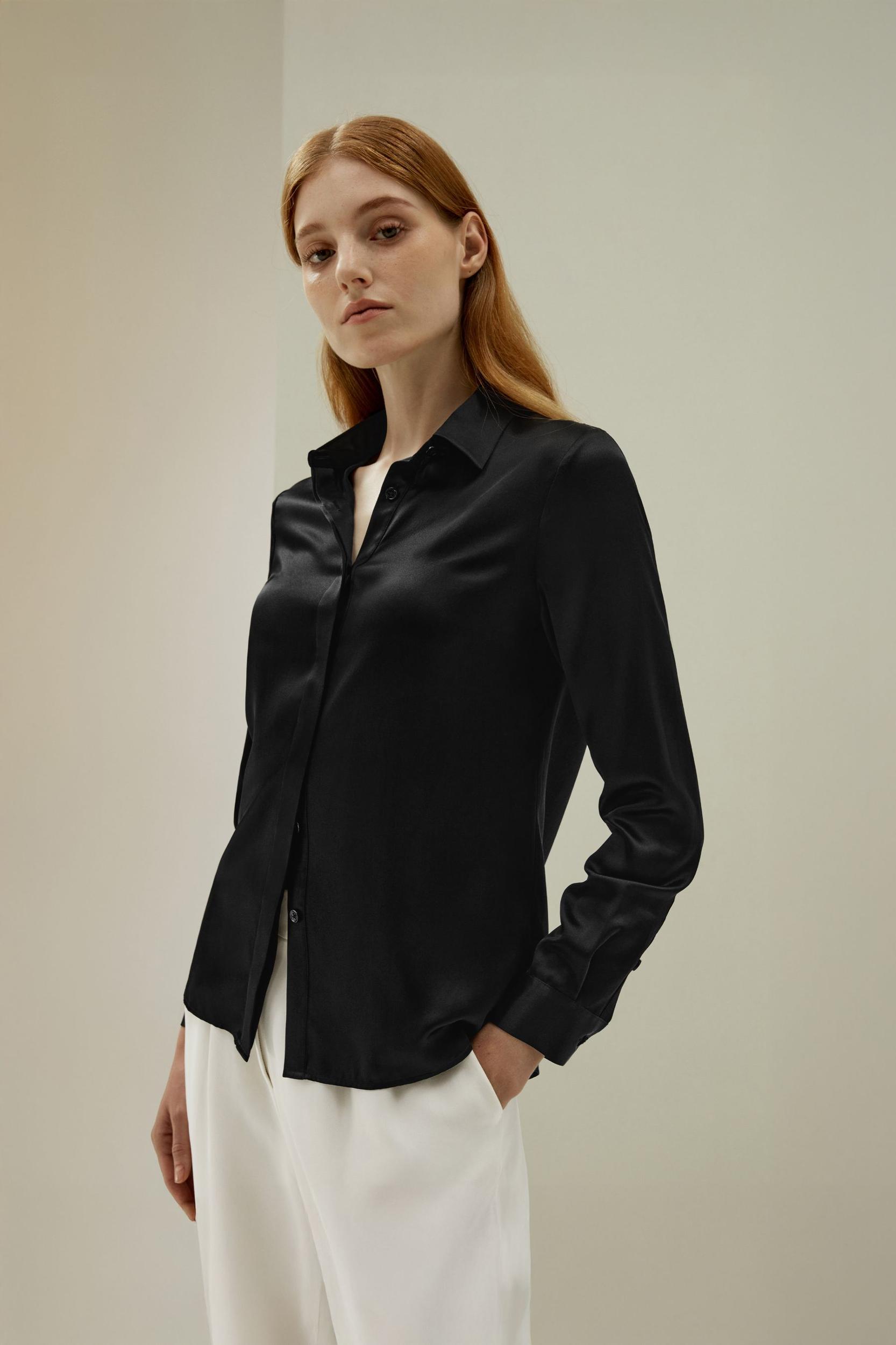 Basic Concealed Placket Silk Shirt Product Image