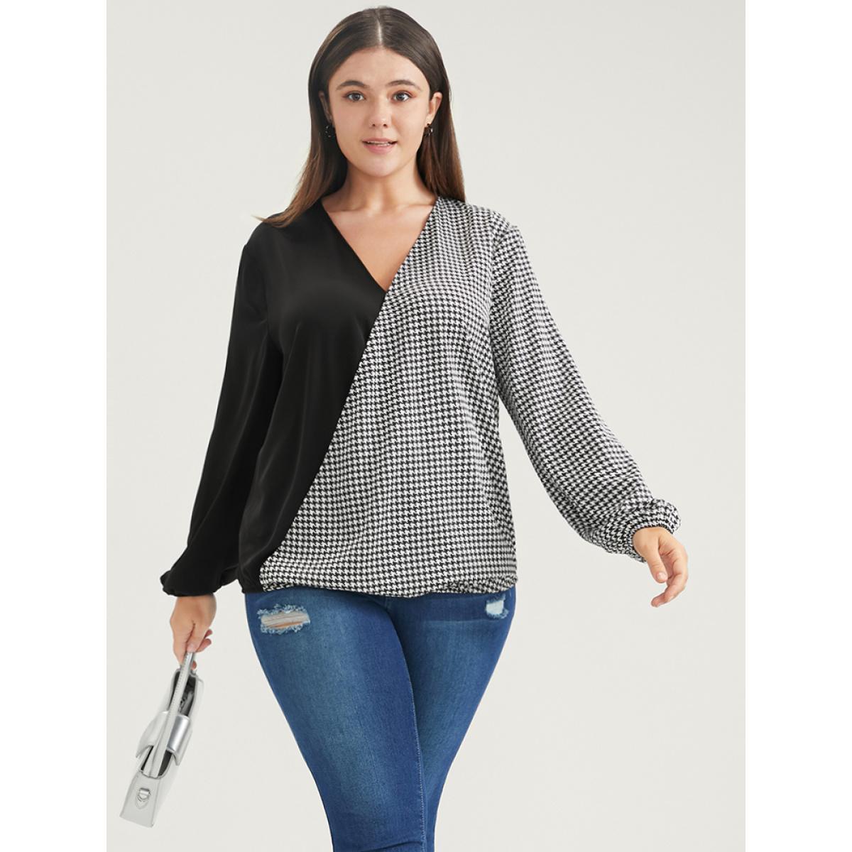 Plus Size Black Houndstooth Patchwork Lantern Sleeve Blouse Women Office Long Sleeve V-neck Work Blouses BloomChic 10/M Product Image